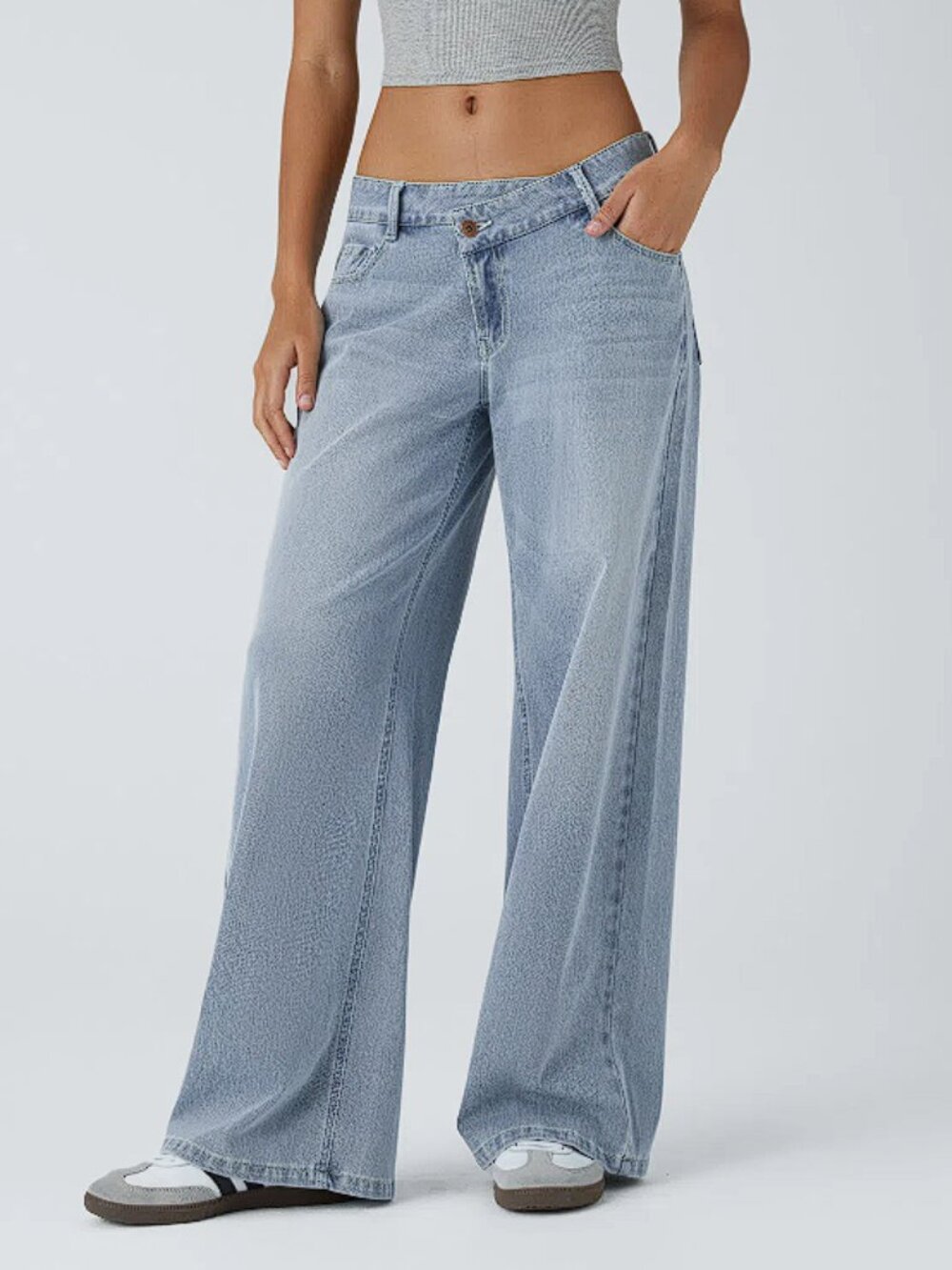 Halara Flex™ Asymmetric Low Rise Zipper Pockets Baggy Wide Leg Washed Jeans L - Picture 2 of 10